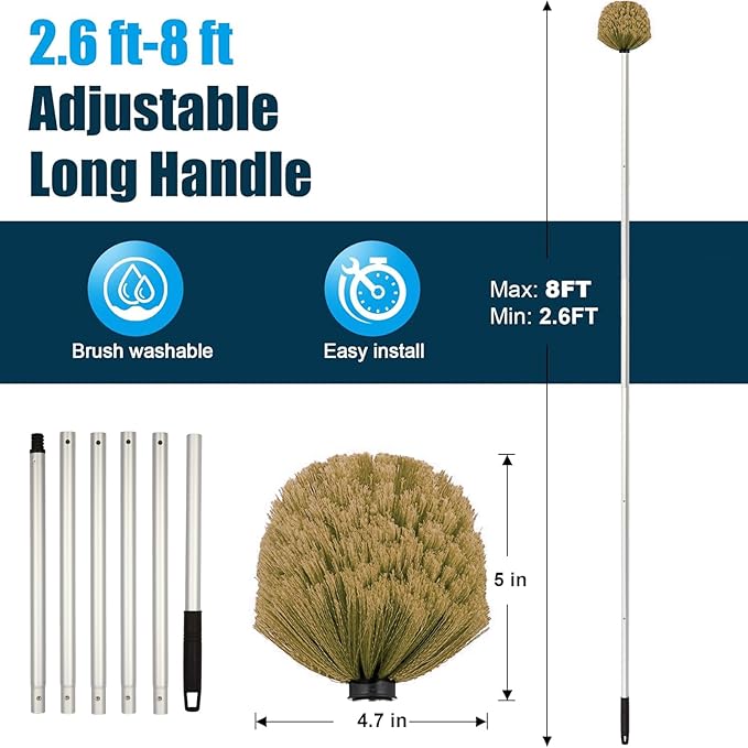 Cobweb Duster with Extension Pole, 8 FT Stainless Steel Pole with Spider Web Brush Head Ceiling Fan Duster for Outdoor Indoor Cleaning