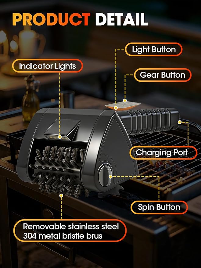 Electric Grill Brush, Cordless Rechargeable BBQ Cleaner, 2-Speed Control, 304 Stainless Steel Removable Brush Head for BBQ Grates & Outdoor Grills