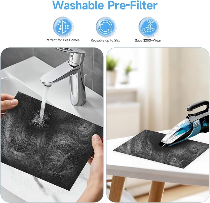 2 Pack T555 Replacement Filter and 6 Washable Pre-Filters Compatible with Trucozie T555 Air Purifier, 3-in-1 True HEPA Filter with Activated Carbon, Original Filter