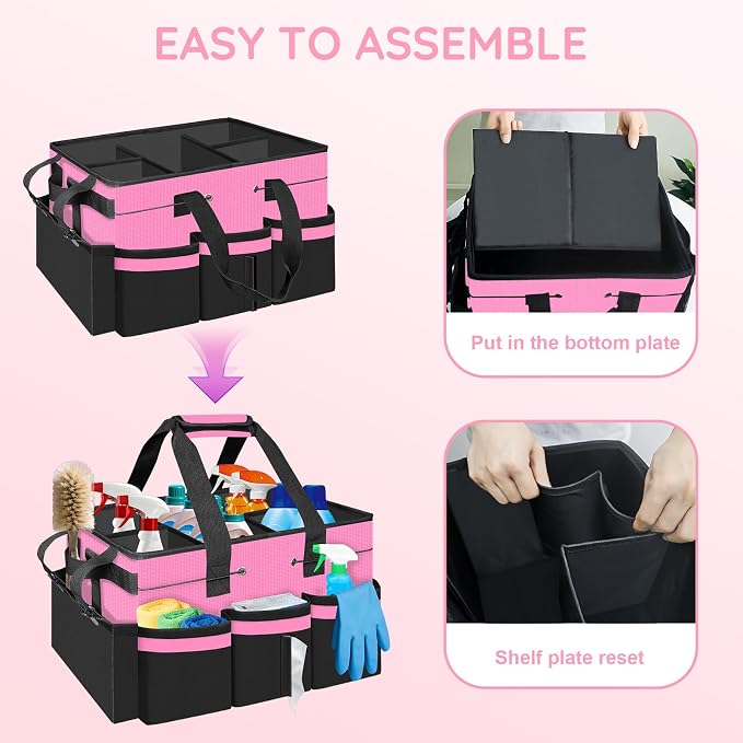 ZKOO Large Cleaning Caddy Bag with Handle, Portable Cleaning Supply Organizer Tote with Sturdy Support Board Adjustable Shoulder Strap, Multi-Compartment Storage for Housekeepers, Maids Cleaners, Pink