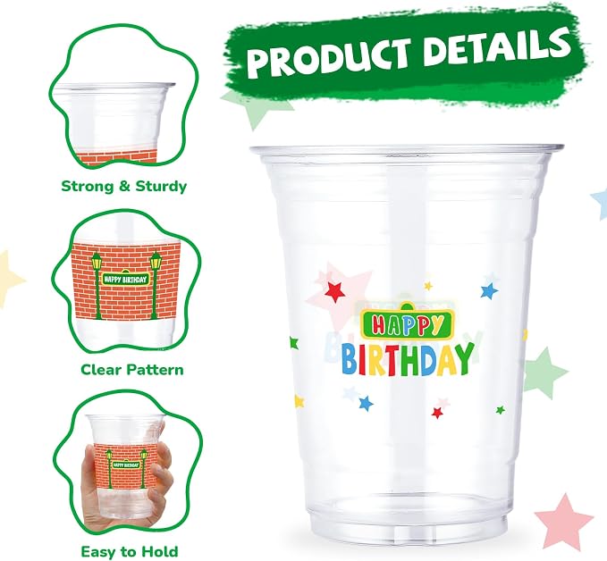 50Pcs 16oz Red Brick Wall Street Birthday Plastic Cups Red Brick Disposable Cups Retro Street Theme Plastic Tumblers for Boys Girls Birthday Baby Shower Party Supplies Beverage Drinking