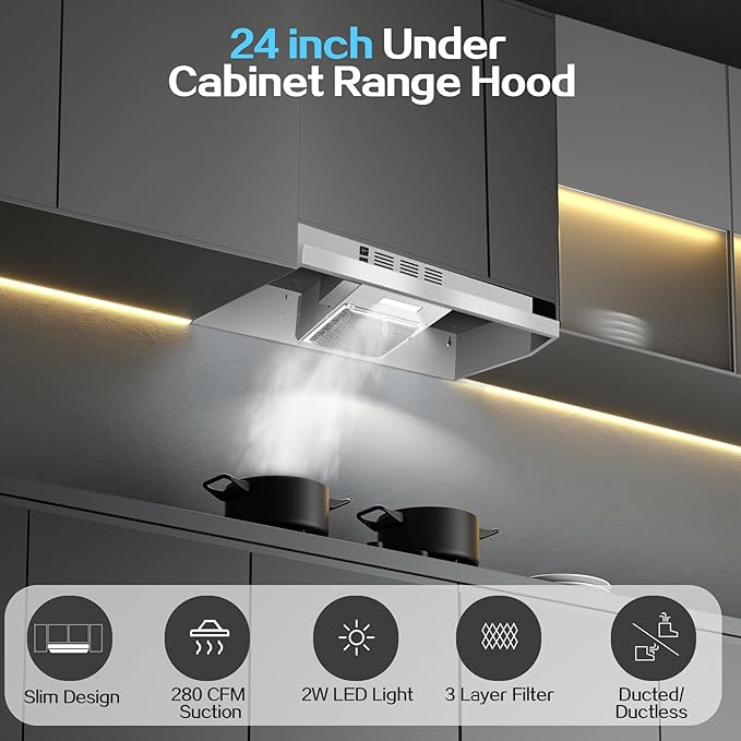 24 inch Range Hood Under Cabinet, Stainless Steel Kitchen Hood 280CFM, Ducted/Ductless Vent Hood with Rocker Button Control, Stove Hood with 2 Speeds Fan, Bright LED Light