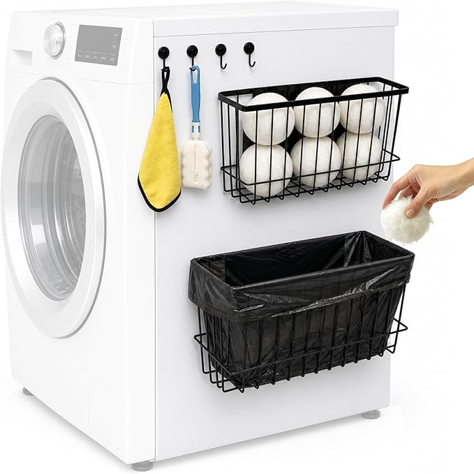 Magnetic Holder for Wool Dryer Balls & Lint Bin (2-Pack, Black) – Extra Long 14.2" & 10.4" Metal Laundry Trash Can – Washer Side Organizer with 4 Magnetic Hooks (Balls Not Included)