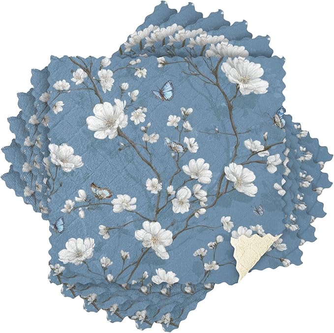 Blue Floral Butterfly Kitchen Towels Dish Cloths Set of 6 Microfiber Cleaning Cloths for Cars Super Absorbent Machine