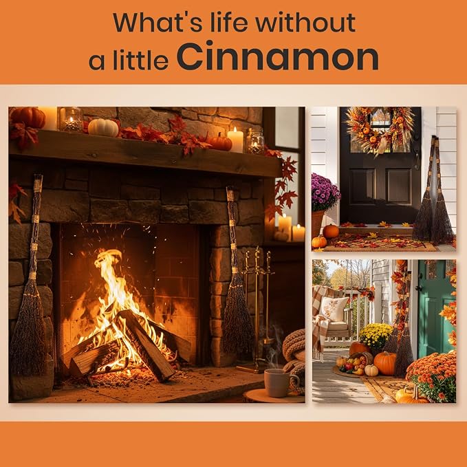 Cinnamon Twig Brooms 36in (2 Pack) - Rustic Fall Broom Decor – for Halloween Porch or Entryway - Real Stick Witch Broom Decorations Wrapped in Jute Rope - Autumn Thanksgiving Display