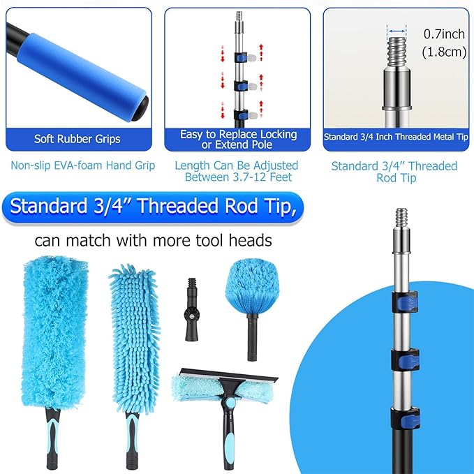 12FT Telescopic Extension Pole | 3-12FT Adjustable Aluminum Paint Roller & Cleaning Pole | Universal Twist-On Metal Tip | Sturdy Multi-Purpose Household Tool for Dusting, Painting & More