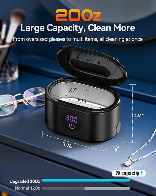 Ultrasonic Jewelry Cleaner, 48KHz Ultrasonic Cleaner Machine with 20oz 304 Stainless Steel Tank, Dual Modes & LED Display - for Jewelry, Eyeglasses, Watches, Dentures, Retainers & More-Black