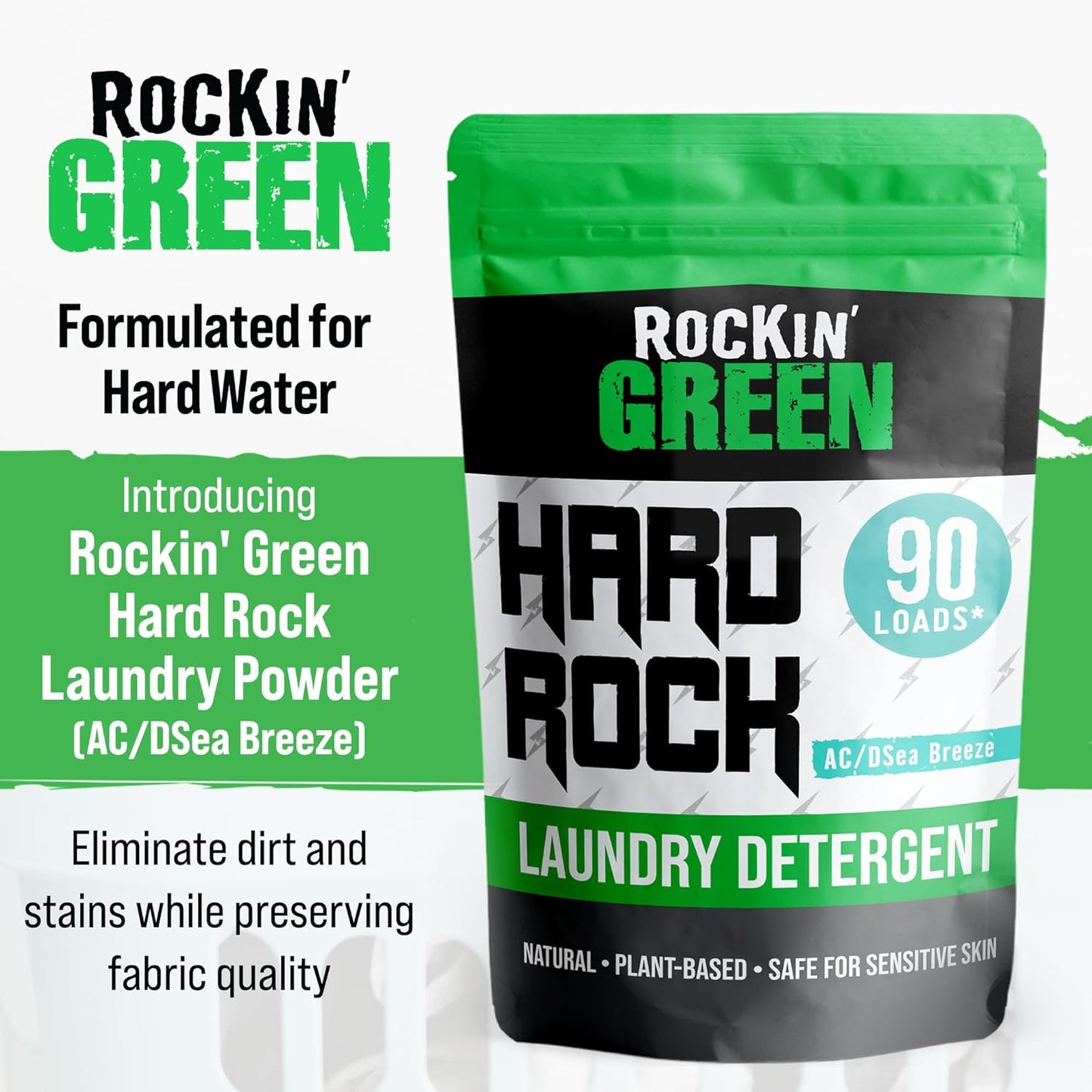 Rockin' Green Hard Rock Powder Laundry Detergent (90 Loads) - Natural Powdered Laundry Detergent, Sensitive Skin Laundry Powder (AC/DSea Breeze)