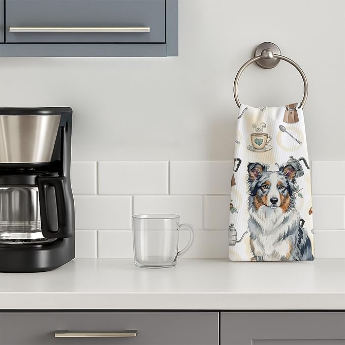 Caroline's Treasures Blue Merle Border Collie Coffee Bar Kitchen Towel Velour Plush Front and Cotton Loop Back Machine Washable