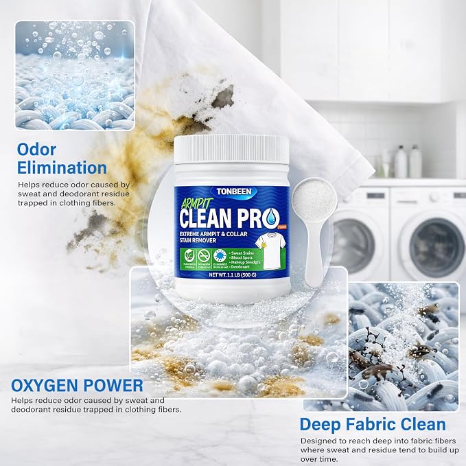 Oxygen Laundry Powder, Sweat & Deodorant Armpit Stain Remover for Clothes, Hyper Concentrated & Suitable for Multi-Stain, Yellow Oil Spot Tough Stain Build Up Remover - Gentle On Fabrics