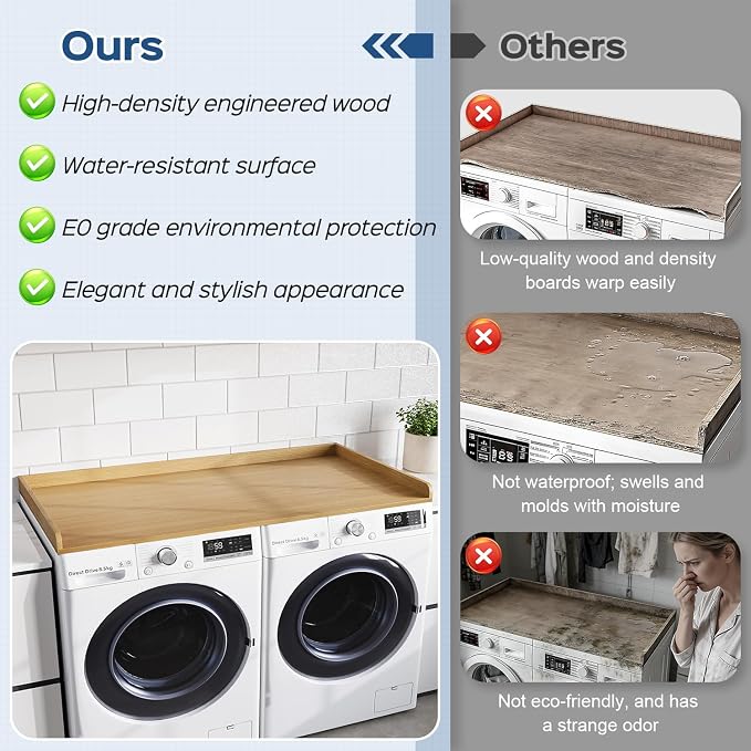 Fivesun Washer Dryer Countertop, 27.5" x 54“ Wood Washer and Dryer Countertop with Edge Rails for Laundry Room Organization and Storage, Oak