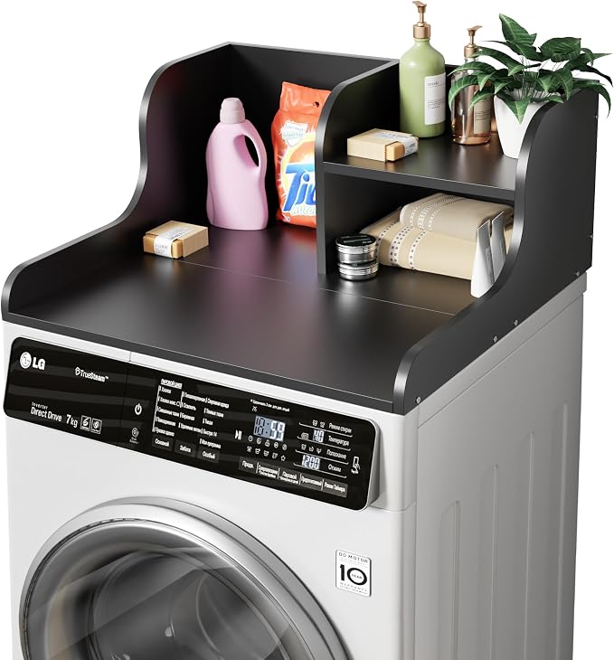 DTK Washer Dryer Countertop with Shelf,27.5" D x 27" W x 11.8" H Wood Countertop for Washer and Dryer,Laundry Countertop with Anti-Slip Strips and Edge Rails,Dryer Countertop for Laundry Room(Black)