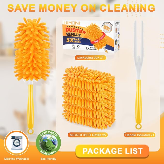 Duster Refill for Swiffer, 360 Dusters Heavy Duty Refills, Reusable Duster Kit for Home, Office, Furniture and Outdoor (5 Pack + 1 Handle)
