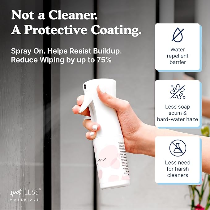 spotLESS MATERIALS Glass and Mirror Protective Coating Spray, Anti-Residue Barrier for Shower Glass, Mirrors, Windows & Bathroom Surfaces, Stain Resistant Spray, Quick Effect Coating Agent