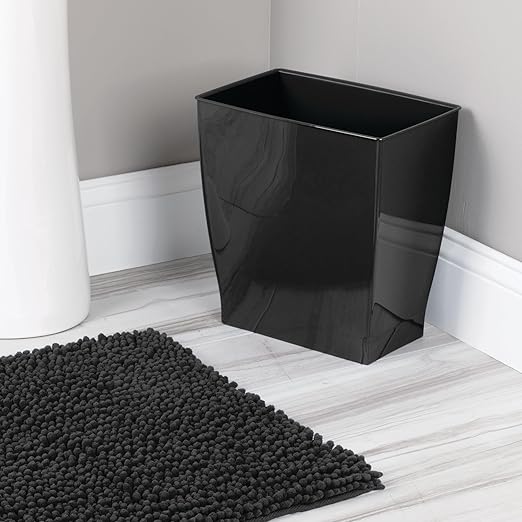 iDesign Small Plastic Bathroom Trash Can, Slim Rectangle Garbage Bin for Bedroom, Office, Dorm, Black
