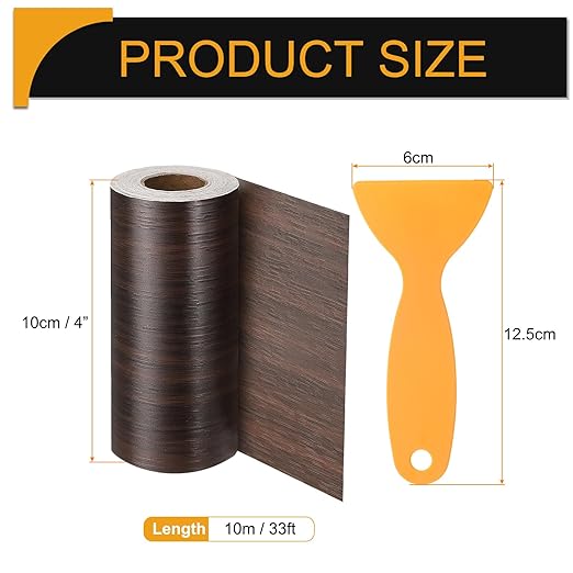 HARFINGTON Wood Grain Repair Tape 4 Inch x 33ft Self Adhesive Repair Patch Tape Simulated Wooden Floor Tapes with Plastic Scraper for Tables Doors Windows Furniture, Black Walnut