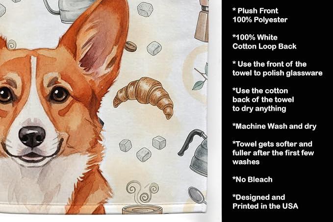 Caroline's Treasures Red Cardigan Welsh Corgi Coffee Bar Kitchen Towel Velour Plush Front and Cotton Loop Back Machine Washable