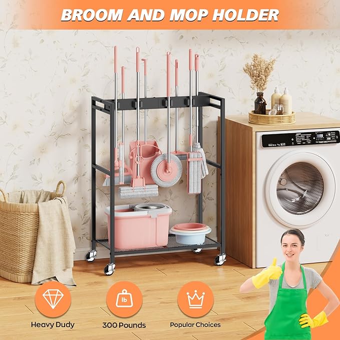 Broom and Mop Holder, MUNNAR Broom Closet Storage Cabinet, Cleaning Cart with Broom and Mop Hanger, Janitorial Cart with Wheels for Household, Laundry Room Organization
