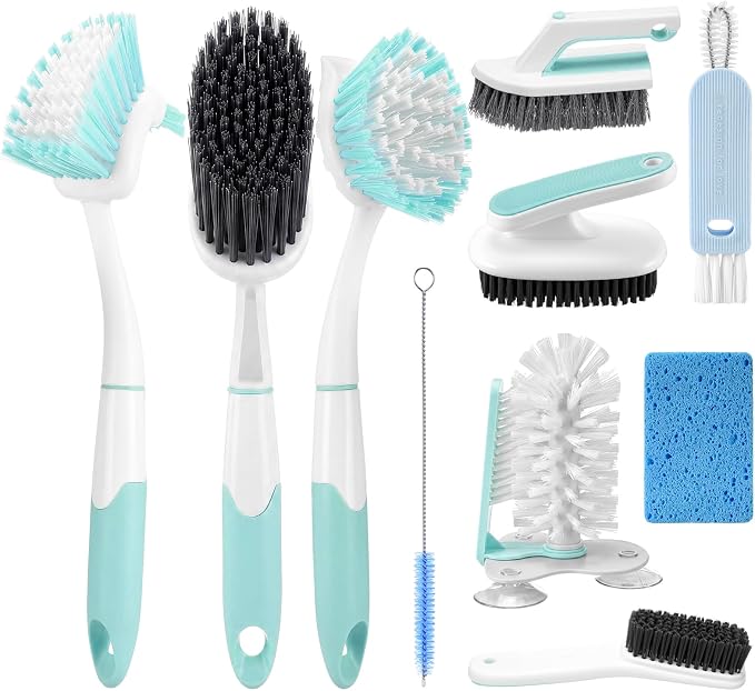 10 Pack Dish Brush Set for Household Use Kitchen Scrub Brushes with Non-Slip Long Handle Multi-Purpose Cleaning Brushes for Dishes Pot Pan Kitchen Sink Tub Cup Clothes Shoes Floor(Blue)