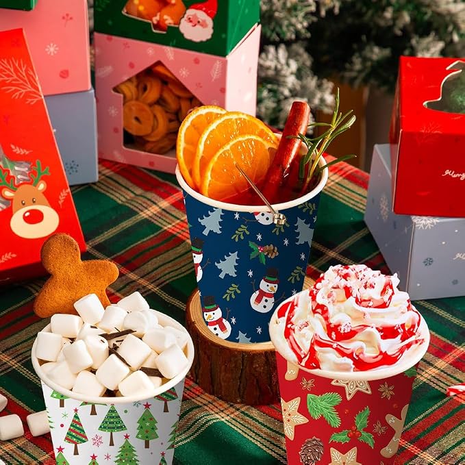 AIBIIN 80 PCS Christmas Disposable Paper Cups 12 oz Christmas Coffee Cups Hot Chocolate Cups Snowman Santa Gingerbread Xmas Party Cup Holiday Table Party Supplies Decorations