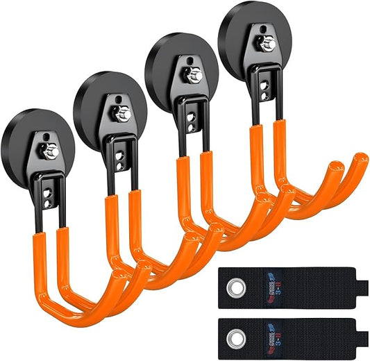 3-H Extra Strong Magnetic Hooks,Heavy Duty Large Anti-Slip Magnet Hooks J Shape,No-Drill Tool Holder for Garage,Power Drill,Garden Tools,Hose Storage,4 Pack Orange