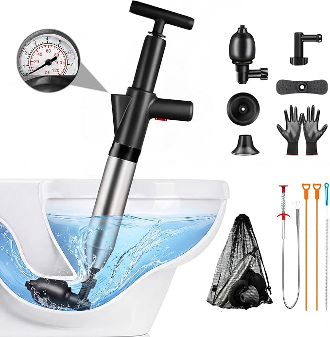 Fast Toilet Plunger High Pressure with Storage Bag, Heavy Duty Air Drain Blaster & Unclogger Tool, Clog Remover Kit & Toilet Snake Alternative for Bathroom, Toilets, Sinks, Tubs, Pipes (Black)