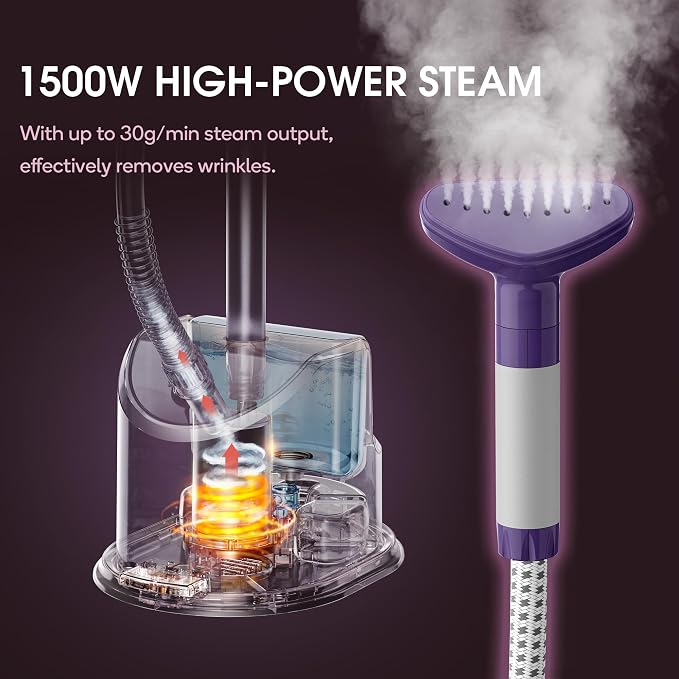 Newbealer Standing Garment Steamer 1500W Full-Size with Foot Pedal (Purple) | 1.7L Large Water Tank, 45s Fast Heat-Up, 50-Min Vertical Steaming, Auto-Off, for Home/Hotel/Laundry