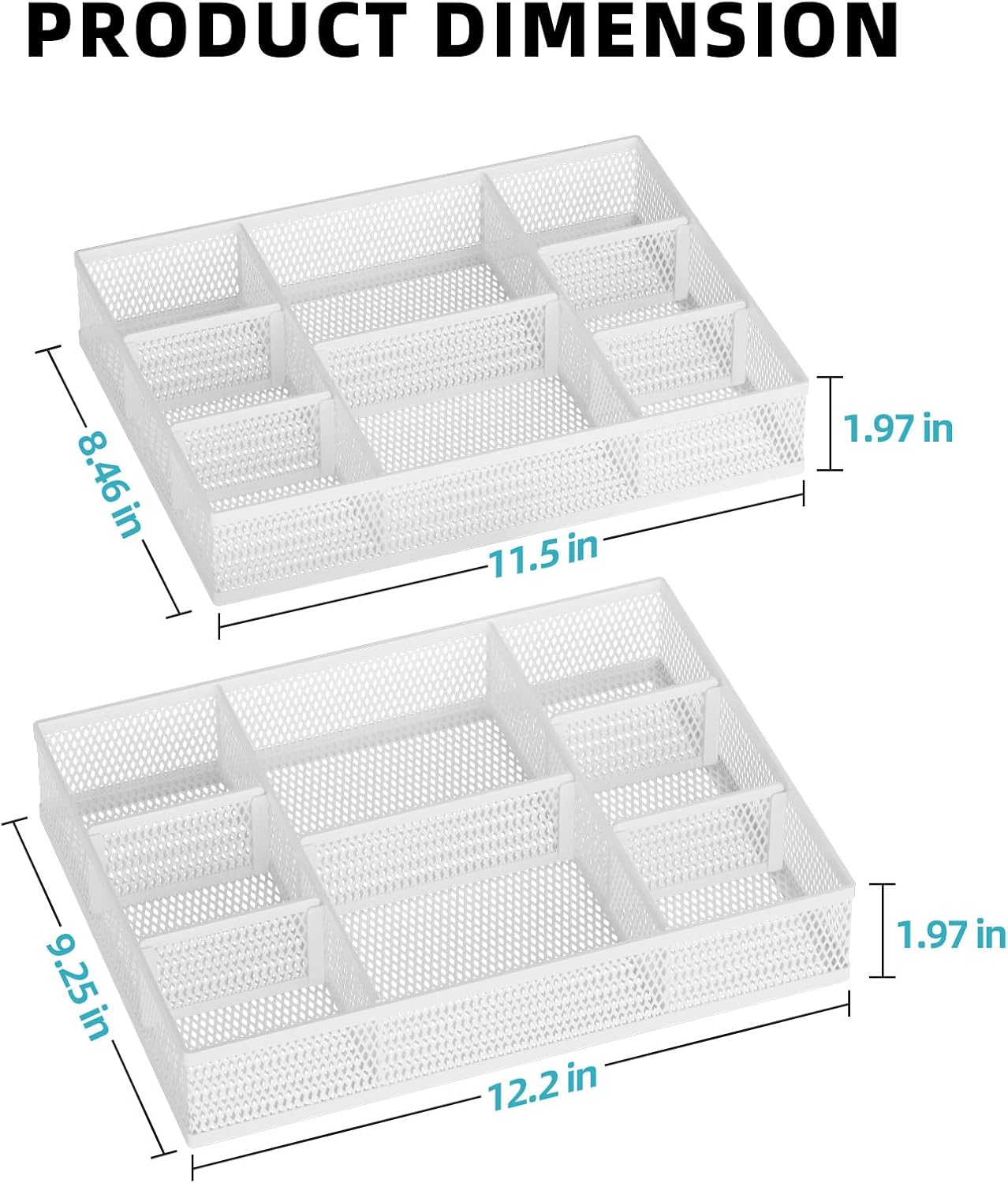 Marbrasse 2 Pack Desk Drawer Organizer, Mesh Drawer Organizer Tray with 8 Adjustable Compartments, Desk Organizers and Accessories, 5 Dividers for Office Supplies, Makeup & Vanity (White)