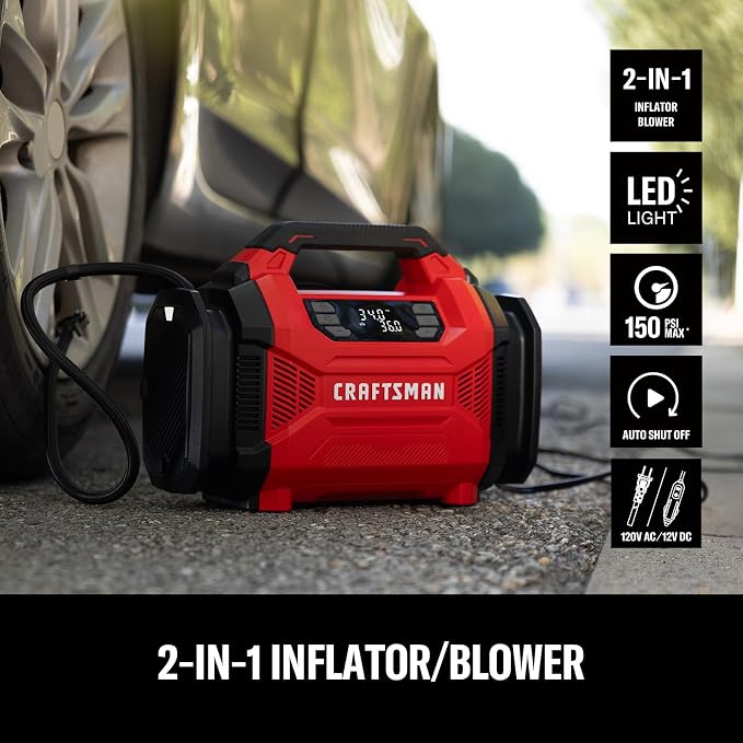 CRAFTSMAN Dual Power Tire Inflator with Digital Gauge & Auto Shut-Off | 12V DC Car Plug and 120V AC Home Use with Up to 150 PSI, LED Light, Portable Air Pump for Car Tires, Bikes and Inflatables