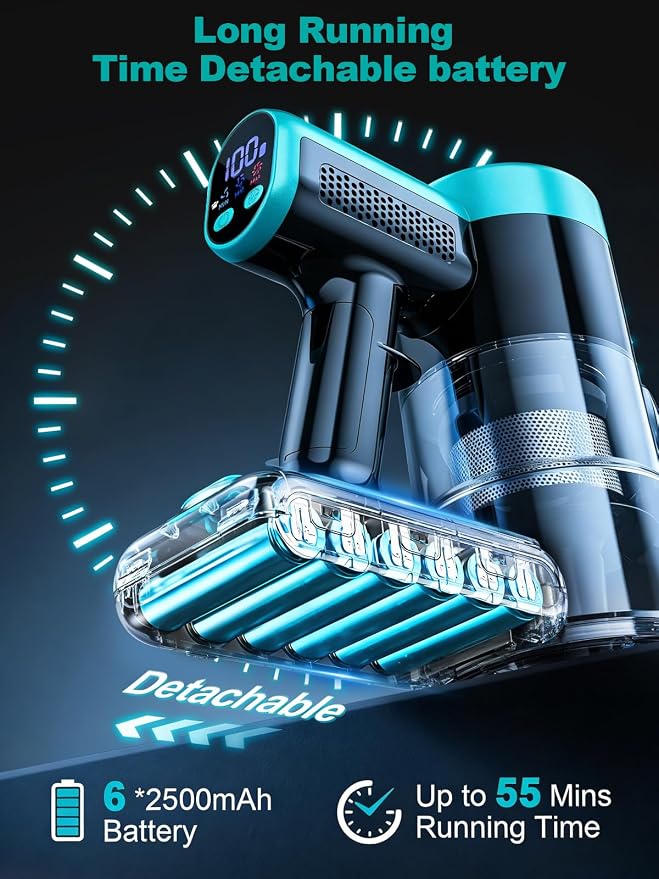Cordless Vacuum Cleaner, 58Kpa 10 in 1 Vacuum Cleaners for Home, 55Mins Stick Vacuum with Self-Standing & LED Display, Anti-Tangle & Wall Mount Charging (Cyan)
