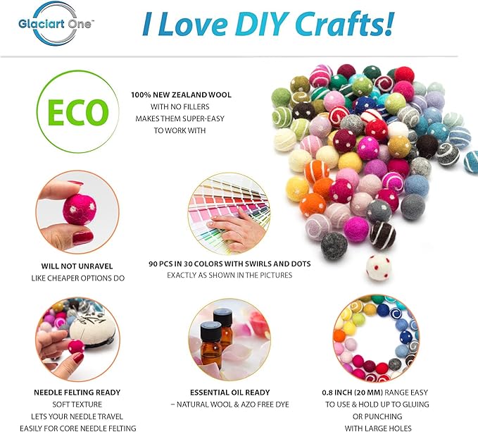 Glaciart One Felt Pom Poms, Wool Felt Balls with Swirls & Dots (90 Pieces) 2 cm – 0.8 Inch, Handmade Felted 30 Color (Red, Pink, Blue, Yellow, Pastel and More) Bulk Small Puff for Felting and Garland