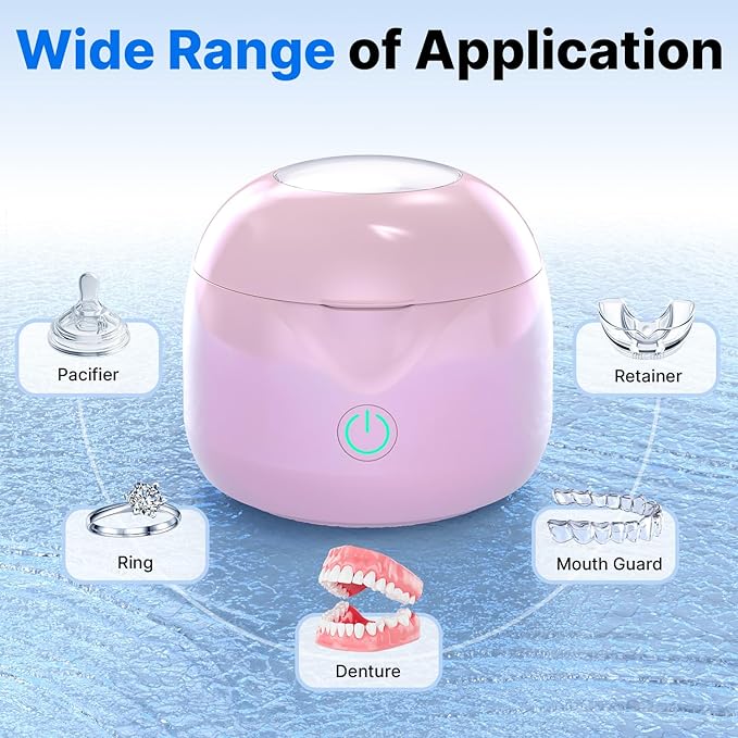 CXRUY Ultrasonic Retainer Cleaner - UV Dental Cleaning Pod Night Guard Cleaner for Dentures, Aligner, Braces, Toothbrush Heads, Jewelry (Pink)