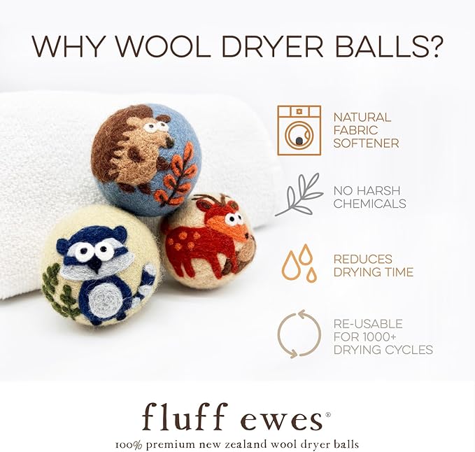Fluff Ewes Premium Handmade New Zealand Reusable Wool Dryer Balls for Laundry & Baby + Ewe Dew Home Fragrance Aromatherapy Dryer Ball Essential Oil Blend, 2 Pack, Hedgehog & Homies 3 Pack + Cottontail