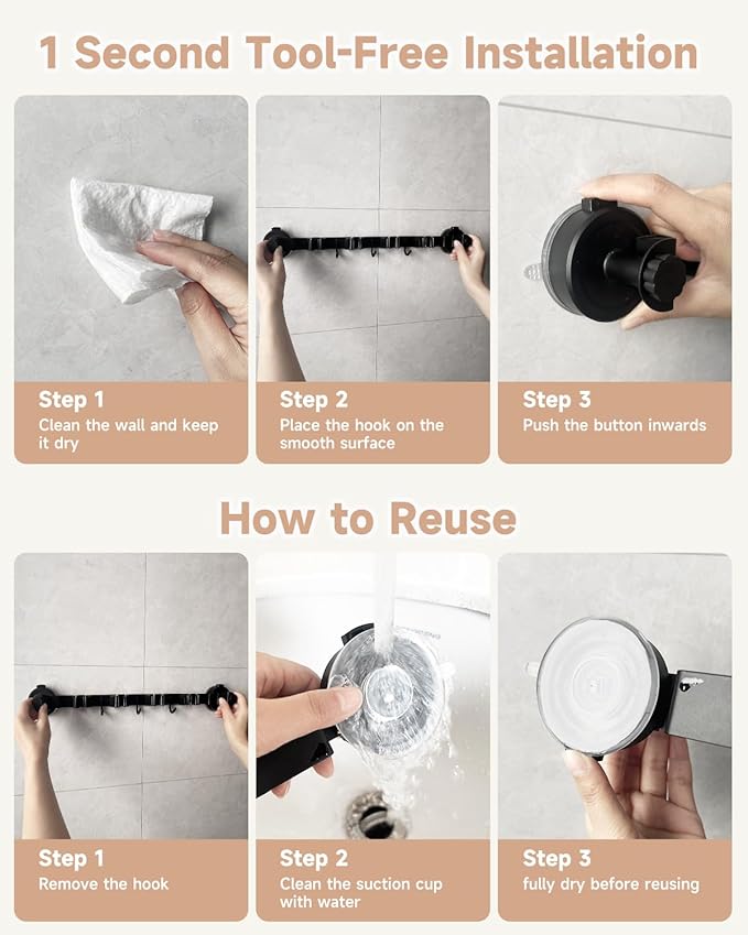 2026 Upgrade Broom Holder Wall Mount with Suction Cup, Broom and Mop Organizer Wall Hanging with 4 Racks & 3 Hooks, Removable and Reusable, Mop and Broom Hanger for Home Kitchen Laundry