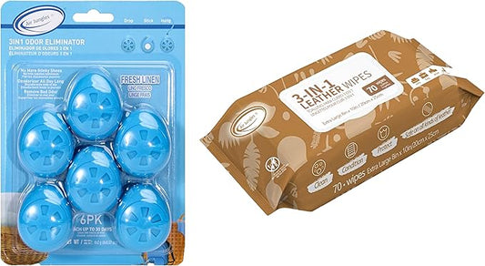 Air Jungles 3-in-1 Fresh Linen Odor Eliminator Balls 6 Count + 3-in-1 Leather Cleaner Wipes 70 Count, Essential Oil Deodorizing Balls and Extra-Large Cleaning Wipes for Shoes, Car Interior, Furniture,