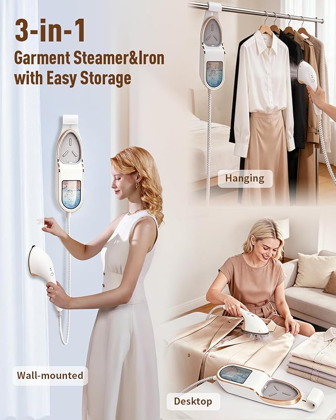 3-in-1 Steamer for Clothes, 1500W Leak-Proof, 330ml | 1500W, 30s Fast Heat-Up. Includes Heat-Resistant Glove & Brush. For Home & Closet Use. 120V.