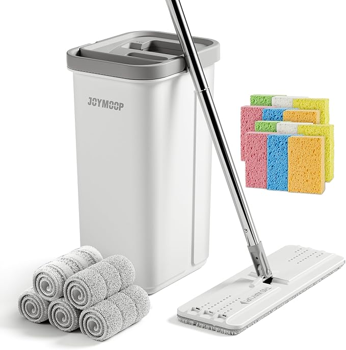 JOYMOOP Hands-Free Mop and Bucket with Wringer Set with Colorful Compressed Sponges, Househould Cleaning Tool of Floor Mop and Cellulose Sponges
