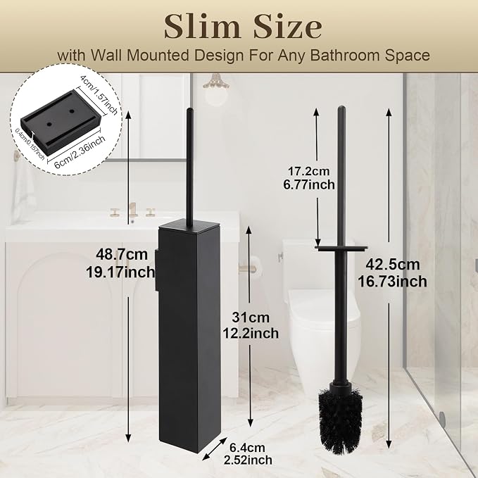 Toilet Brush and Holder Wall Mounted, Black Aluminum with 2 Replaceable Heads, Bathroom Toilet Brush, Drill or 3M Adhesive Mount, Removable Liner and Splash Guard, Modern Square Design