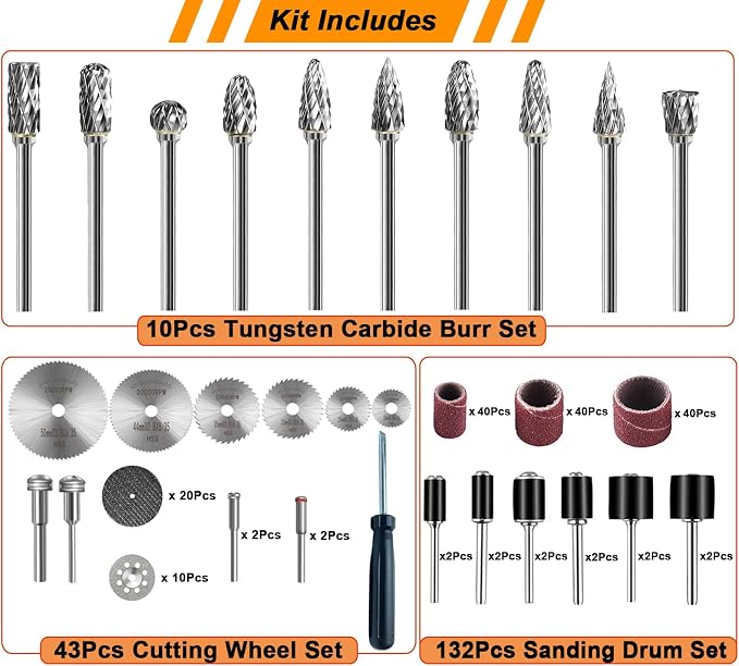 Tungsten Carbide Burr Set 1/8" Shank，Die Grinder Bits with Sanding Drums and Cutting Wheel Set, 185Pcs Pratical Sanding Tool Accessories for Dremel Rotary Tool