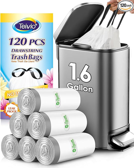 Teivio 1.6 Gallon 120 Counts Strong Drawstring Trash Bags Garbage Bags, Small Bathroom Trash Can Liners, Plastic Waste Basket Liners for Home Office Kitche, White