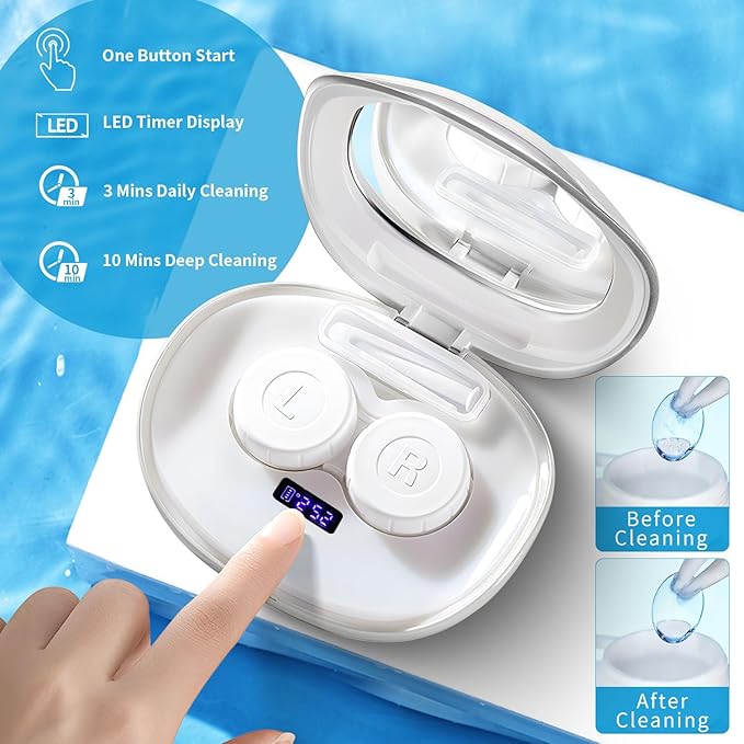 Contact Lens Cleaner, Portable Ultrasonic Contact Lens Cleaning Machine with USB Charger, LED Timer Display & 5 Contacts Solution Cases Kit for Soft Hard Colored RGP Lenses (White)
