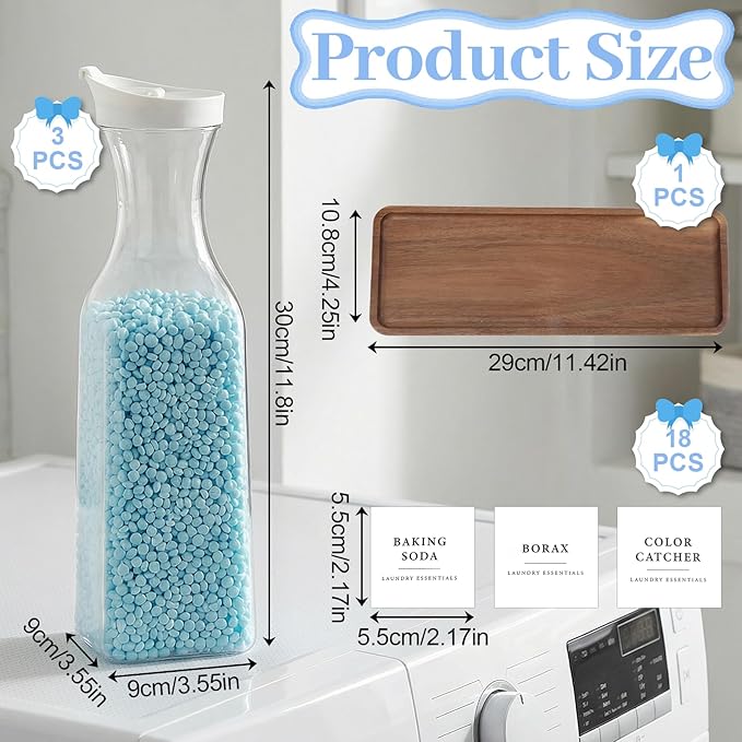 3 Pack Laundry Detergent Dispenser, 54 oz Laundry Soap Dispenser with Tray and 18 Labels, Plastic Fabric Softener Dispensers, Liquid Laundrys Detergent Container for Liquid, Bleach, Scent Booster Bead