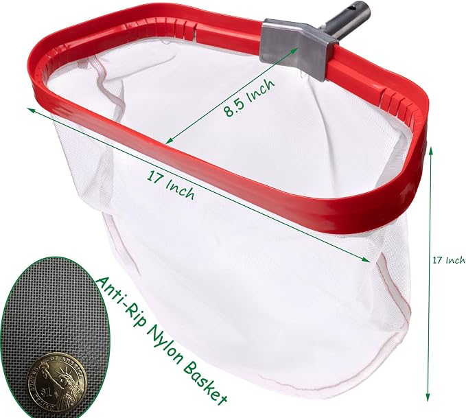 Professional Swimming Pool Skimmer, Heavy Duty Leaf Rake with Aluminum Frame, Anti-Rip Nylon Net Bag for Cleaning Twigs Wet Leaves