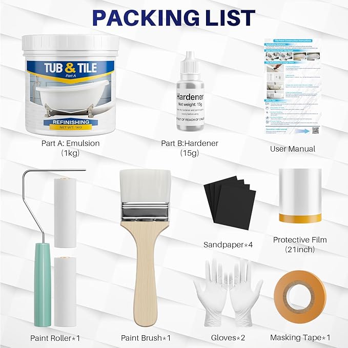 Tub and Tile Paint Refinishing Kit, 35oz Bathtub Refinishing Paint Kit with Tools, White Tub Paint for Bathtub, Shower, Bathroom, Easy to Cover & Low Odor, 50-55sq.ft