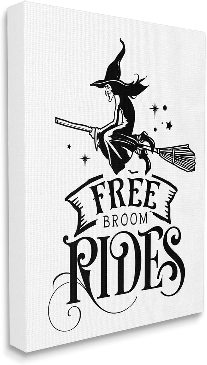 Stupell Industries 'Free Broom Rides Typography Magical Witch'| Canvas Art | Stupell Industries | 16 x 20 Inches, Easy to Hang and Sturdy, Made in USA, by Lettered and Lined