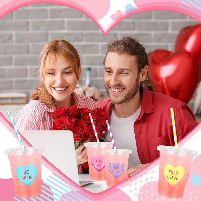 FYSUIMU 100Pcs Valentine's Day Plastic Cups with Lids and Straws 12oz Conversation Heart Disposable Candy Conversation Heart Cold Beverage Drinking Cup for Valentines Wedding Birthday Party Supplies