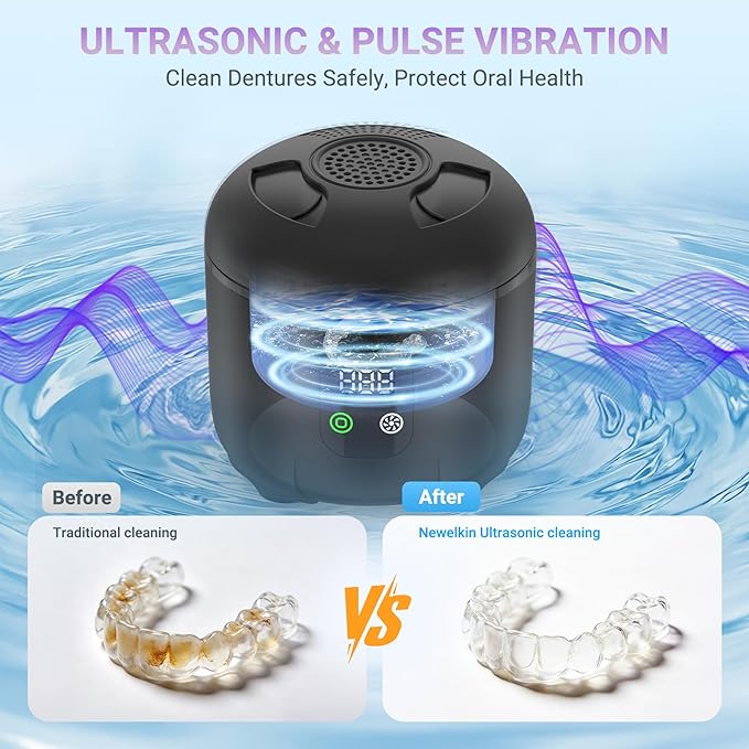 Ultrasonic Retainer Cleaner 25W Portable Ultrasonic Denture Cleaner Multi-Mode 45KHz with Drying and Removable Inner for Dental Trays, Braces, Jewelry, Toothbrushes, Mouth Guards, Aligners,Ring Black