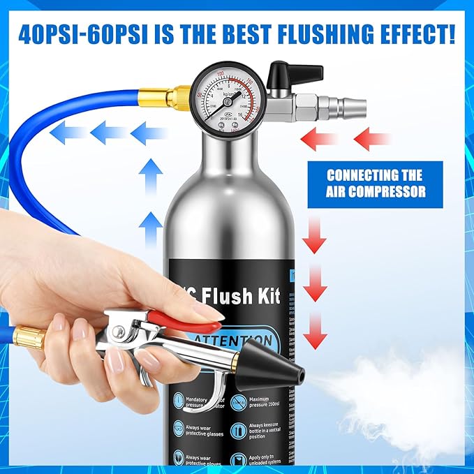 Rossesay AC Flush Kit Air Conditioner System Flush Canister Kit AC Drain Line Cleaner Tool Conditioning Pipeline Set with Gauge, Air Fittings and Hose for Car Conditioner Pipe(Blue,Classic)