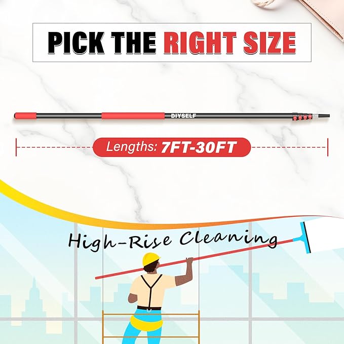 DIYSELF 30 FT Paint Extension Pole, Adjustable Telescoping Pole with Locking Mechanism, Comfortable Sponge Handle, 7-30 Ft Extension Pole for Cleaning, Paint Pole for Painting, Gutter Washing