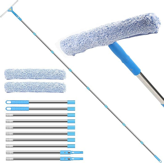 Longzhuo 10 ft Professional Window Washing Kit with Extension Pole, 2 in 1 Squeegee for Window Cleaning Kit for Indoor/Outdoor High Window Glass, Car Windshield Cleaner Tool